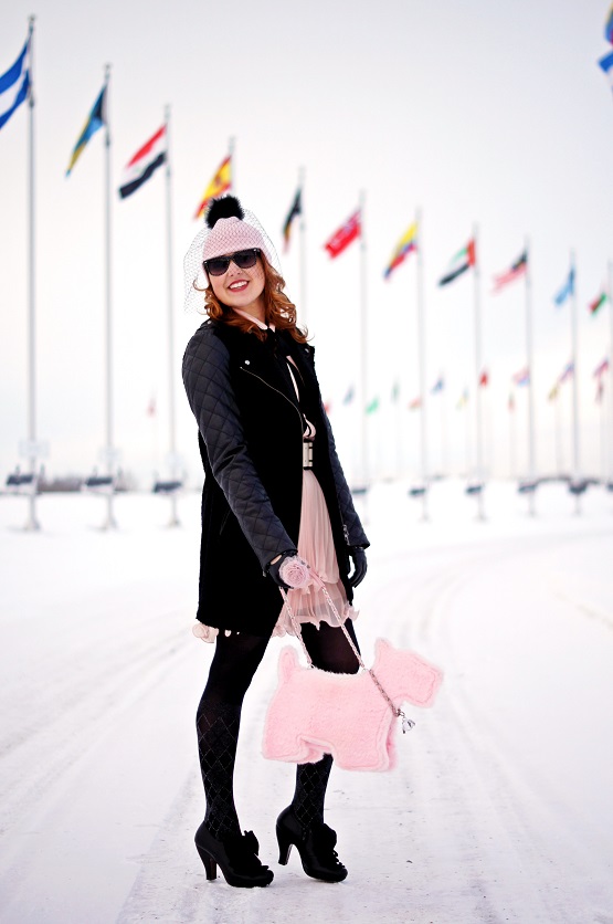 Winnipeg Fashion Blog, Canadian Fashion Blog, Winter 2013, BCBG Max Azria Jaylin pink nude chiffon ruffle tiered pleated skirt, Kate Spade New York Fit to be tied veil hat wool feather pink black, Danier Leather Colette boucle wool leather quilted sleeve coat, Forever 21 pink chiffon bow tie blouse, BCBG Max Azria pink nude belt, Danier Leather driving gloves, My Flat In London pink faux fur scottie dog purse bag, Pretty Polly sparkle faux knee high tights, Chie Mihara black leather ribbon bow Atame bootie shoe